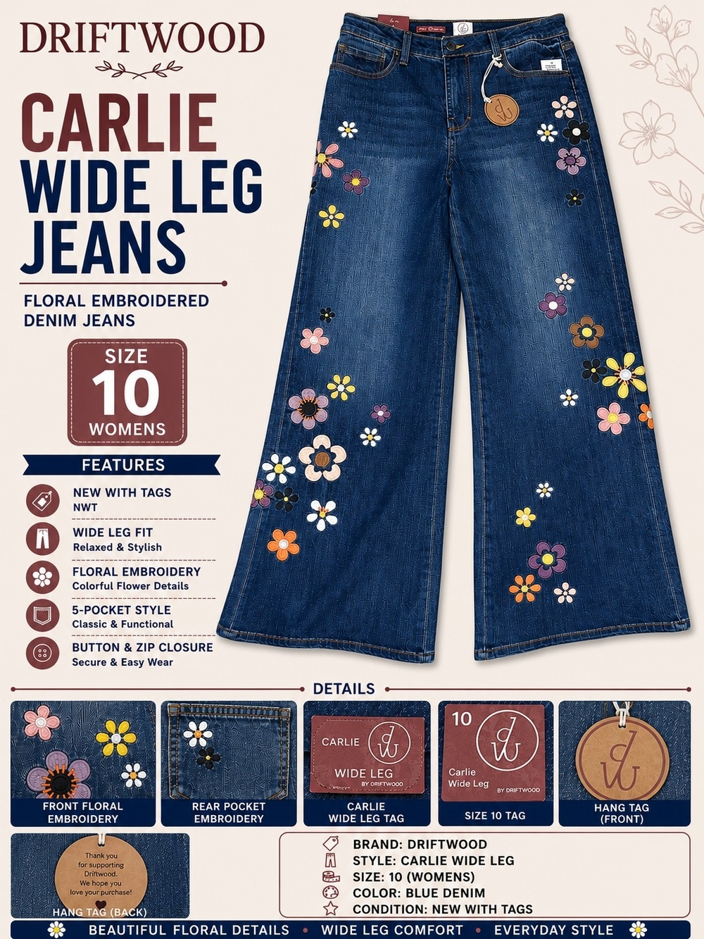 DRIFTWOOD Blue Wide Leg Jeans with Multicolor Floral Embroidery